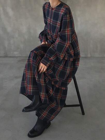 FRIFUL 女士宽松休闲百搭格子圆领长袖长款喇叭下摆连衣裙，秋冬款