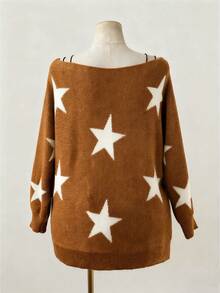 Sunspun 大码女式 Y2K 街头风格五角星提花宽松船领蝙蝠袖舒适针织套头衫，适合秋冬季和返校季 - 駝色 - 查看 2