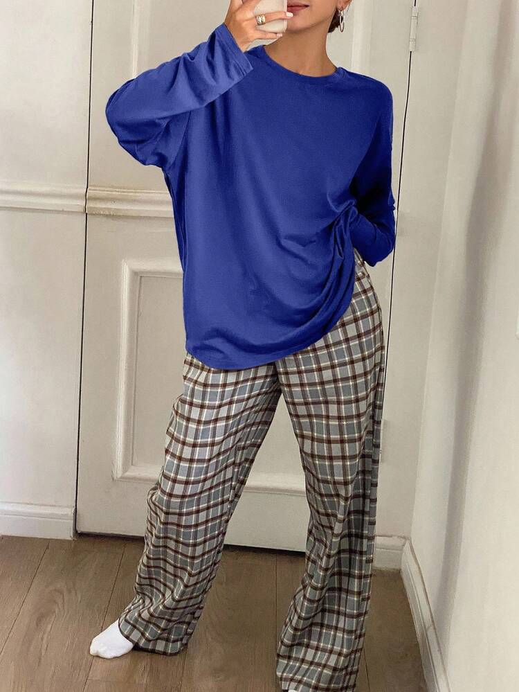 Minimalist Solid Color Loose Long Sleeve T-Shirt Top & Plaid Straight Loose Pajama Pants Homewear Set, Winter Clothes