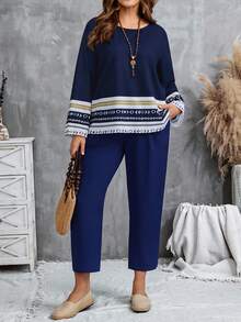 EMERY ROSE 大码女式条纹圆领长袖衬衫和裤子宽松休闲两件套 - 彩色 - 查看 4