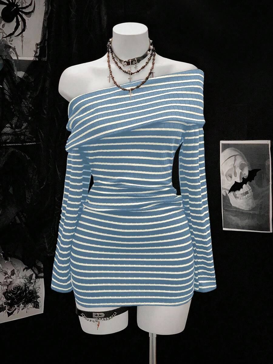 EgrlEra Váy dài tay kẻ sọc đen xám thời trang dành cho nữ - Nhiều màu - Xem 1