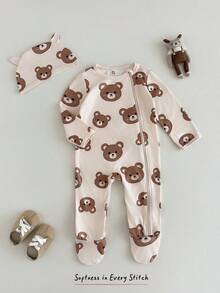 Cozy Pixies 2pcs Baby Cartoon Bear Pattern Knitted Soft Round Neck Long Sleeve Romper & Hat Set, For Baby Boy/Girl - Apricot - View 9