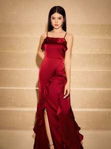 Satin Slip Dress With Ruffle Hem And Square Neck, High-End Fitted Silhouette, Long Length, Suitable For Weddings, Galas, Birthdays, Proms, Graduations, Christmas, Halloween - Burgundy - View 6