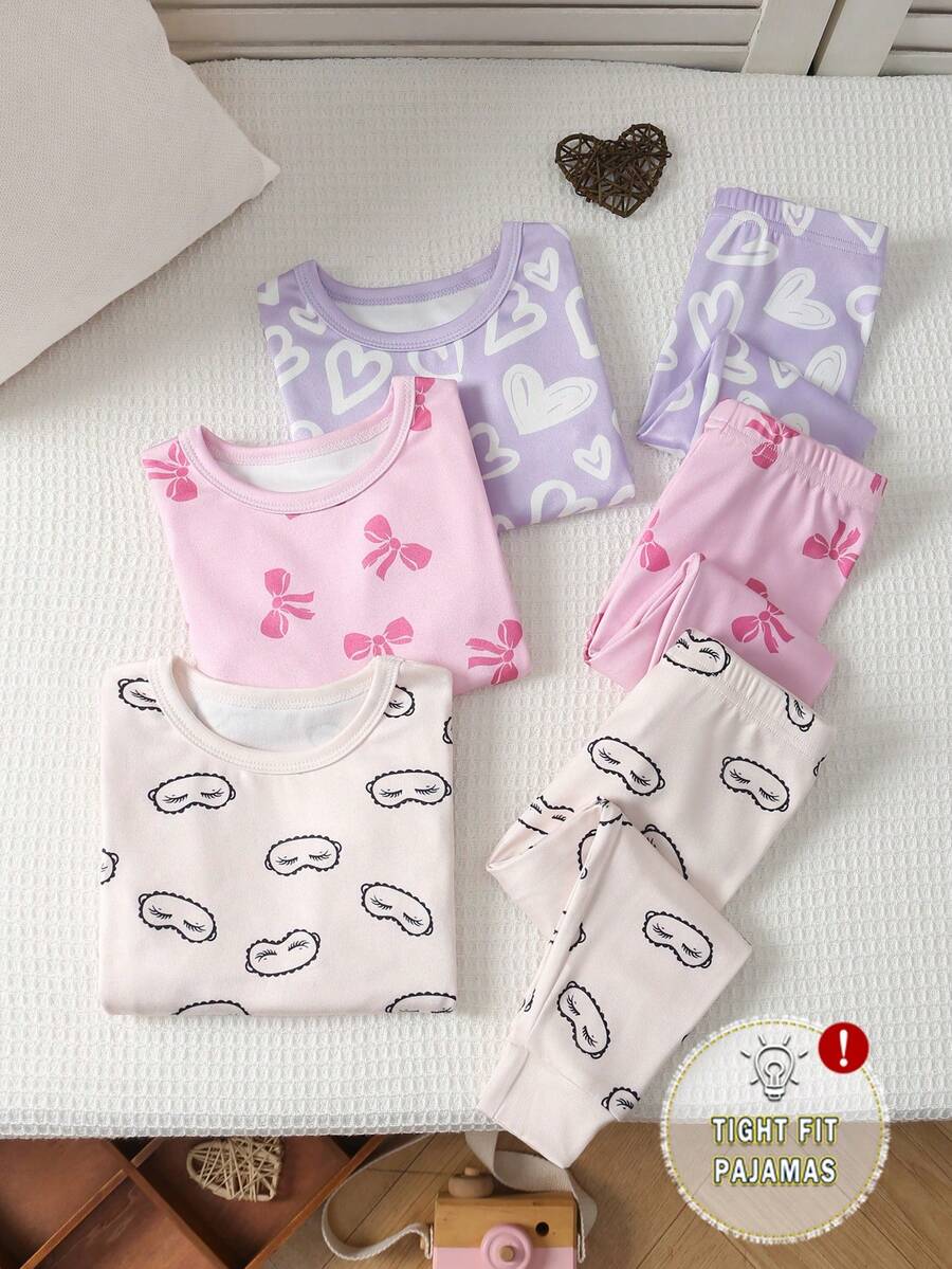 6pcs Multi-Pack Snug Fit Heart&Bow&Eyeslash Pajamas Set For Baby Girls, Long Sleeve Top And Leggings Girl Pajamas,  Cute Pattern Design, Soft & Comfortable Fabric, Suitable For Children Loungewear ,Suitable For Fall&Winter Comfortable And Soft - Multicolor - View 1