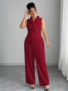 Elenzga 大码女式优雅纯色分层荷叶边无袖背心和阔腿前缝裤套装 - 紅色 - 查看 5