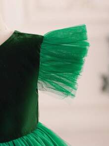Glamorique Kids Vestido de princesa de terciopelo con lazo en la espalda en V, con volantes de tul para bebé e infante niña, adecuado para fiesta de Navidad, cena, cumpleaños - Verde - Ver 4