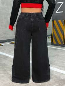 Jeanoix 大码休闲水洗低腰阔腿工装牛仔裤 - 藍色 - 查看 7