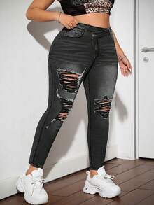 SHEIN ICON Blue Plus Size Jeans Street Sexy Ripped Tight Elastic Casual Outfit Back To School Clothes Fall Women Clothes Teacher Outfits Teacher Pants