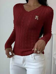 SHEIN EZwear 女士休闲通勤刺绣图案粗针织修身毛衣，秋冬 - 酒紅色 - 查看 5