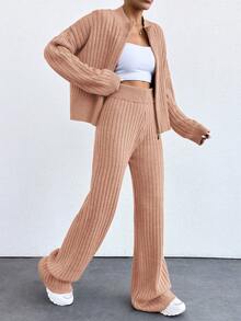 EURMUSE Drop Shoulder Zip Up Cardigan & Knit Pants ,Petite Women - Dusty Pink - View 5