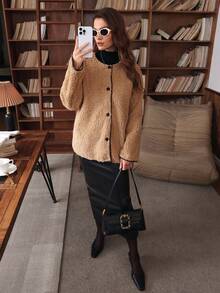 Louniche Áo khoác cardigan dáng rộng, cài nút tương phản, dáng suông, thời trang thường ngày, đi làm hàng ngày cho nữ, thu/đông - Màu be - Xem 6