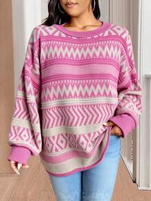 SHEIN Cottnline Plus Size Casual Christmas Geometric Pattern Plus Size Pullover Sweater For New Year Clothes - Pink - View 3