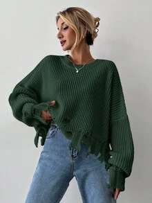 EURMUSE Women Casual Solid Color Distressed Dropped Shoulder Oversized Sweater For Autumn/Winter - Dark Green - View 3