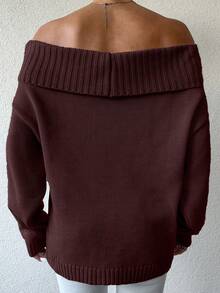 EURMUSE Women's Solid Color Off-Shoulder Loose Casual Long Sleeve Pullover Sweater - Brown - View 2