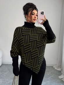 Elenzga Women's Elegant High Neck Geometric Textured Poncho Sweater, Colorblock, Suitable For Home & Travel, Spring/Autumn - Army Green - View 5