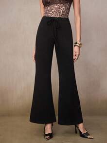 Modelyn Women's Low Waist Tie Flare Pants, Drapey & Slimming, Loose Casual Long Trousers, Spring/Autumn - Black - View 1