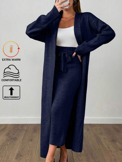 EURMUSE Woman Long Cardigan And Midi Skirt Two Pieces Set Co-Ords