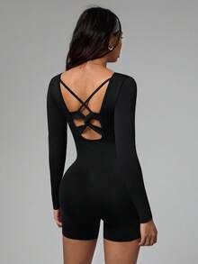 Dewbera 女式纯色交叉后背长袖休闲运动连体裤 - 黑色 - 查看 4