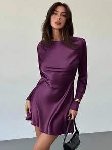 Aloruh 女式优雅纯色露背喇叭袖迷你连衣裙，秋季 - 紫色 - 查看 7