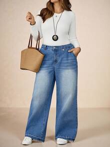 SHEIN Tall CURVE 大码秋冬万圣节圣诞节新年感恩节通勤度假街头风性感科技风生日机场派对婚礼优雅商务休闲女装高腰口袋阔腿宽松休闲百搭牛仔裤蓝色牛仔裤大码水洗牛仔弹力腰牛仔裤女式宽松阔腿舒适裤 - 藍色 - 查看 7