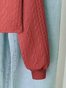 SHEIN Tween Girls' Casual Sports Versatile All-Match Knit Cable Textured Crew Neck Cropped Loose Pullover Autumn Sweatshirt - Red - View 3