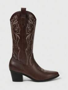 ROMWE Fairycore Women's Cowboy Boots, New Spring/Autumn Mori Style Brown Pointed Toe Embroidered Western Boots