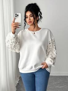Elenzga Sudadera de cuello redondo de manga larga con parches de lentejuelas de moda informal para mujer de talla grande