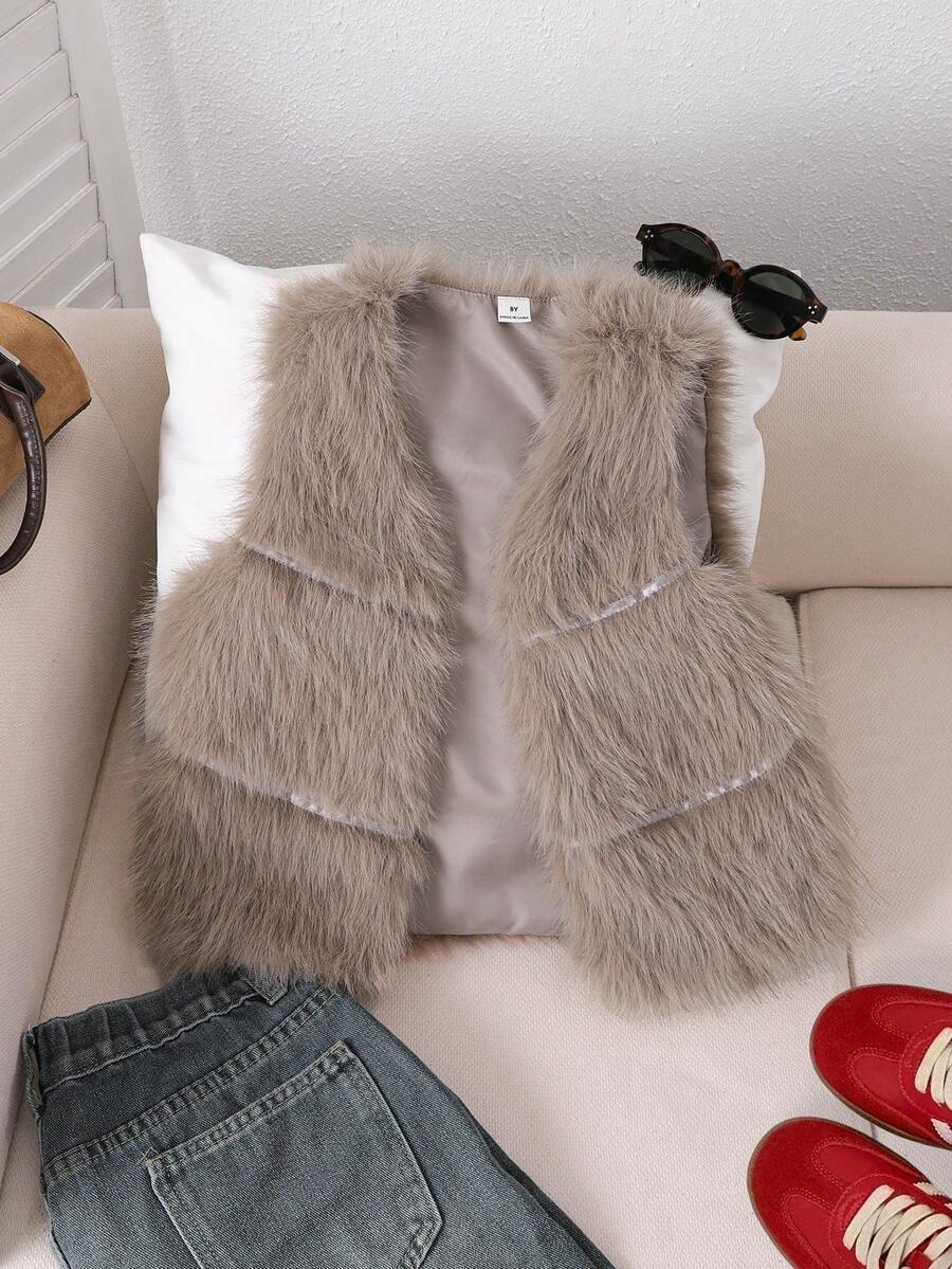 Sparklyn Autumn/Winter Girls Faux Fur Khaki Vest, Casual & Comfortable, Suitable For Party, Gathering, Daily Wear - Khaki - View 1