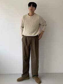 DAZY Men's Solid Color Elastic Waist Design Brown Commuter Casual Pants, Autumn - Brown - View 7