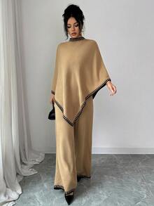 Elenzga Women's Casual Loose Poncho Design Top And Loose Contrast Color Pants Knit Two Pieces Set - Khaki - View 3