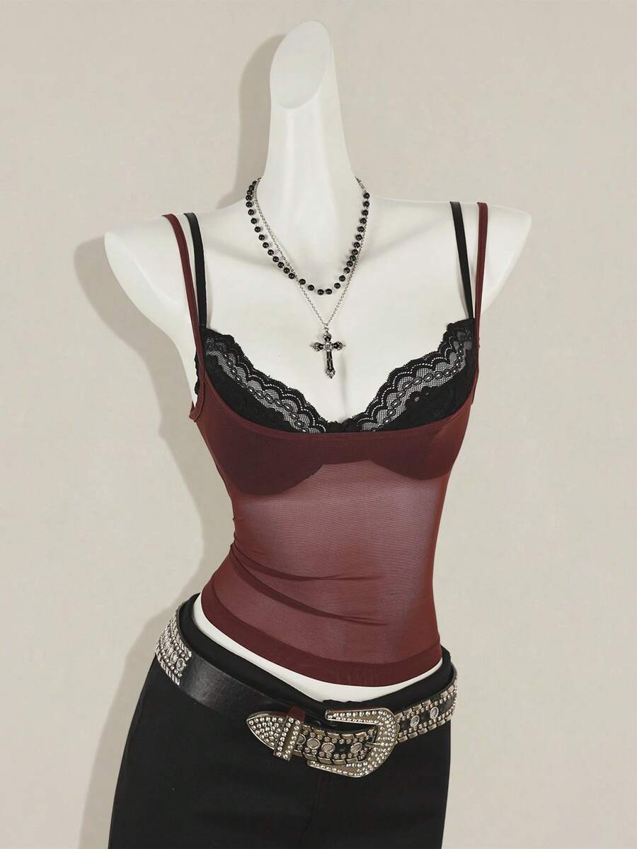 SHEIN ICON 女式红色透明吊带背心，搭配黑色蕾丝细肩带文胸，两件套 - 彩色 - 查看 1
