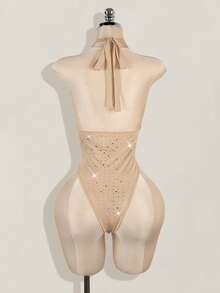 SHEIN ICON Rhinestone Embellished Deep V-Neck Halter High Slit Backless Bodysuit For Women - Khaki - View 2