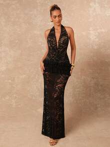 Lumalex Robe de demoiselle d'honneur bordeaux à volants en dentelle et maille contrastée, robe de soirée élégante et glamour à épaules dénudées, nouvelle collection automne-hiver pour fête, mariage, cérémonie, vacances, festival - Noir - Voir 4
