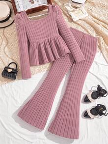 SHEIN 2 件套女童优雅串珠针织罗纹毛绒圆领泡泡袖上衣和简约针织裤休闲装，秋冬 - 粉色 - 查看 2