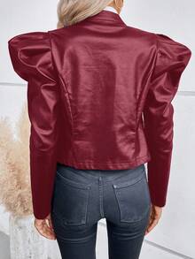 SHEIN Clasi 秋冬羊腿袖双排扣PU皮夹克 - 紅色 - 查看 2