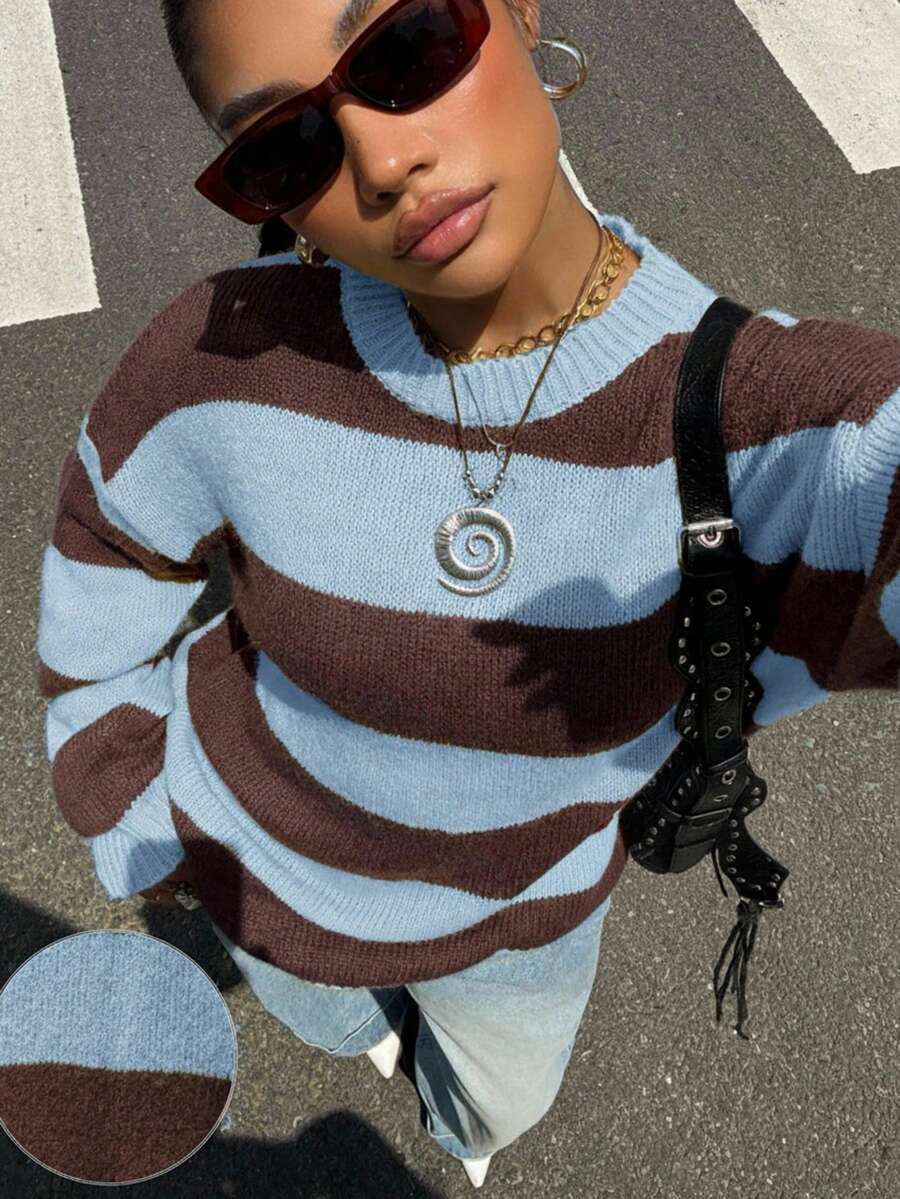 Muchica Damen Lässig Kontrast Farbige Drop Shoulder Langarm Pullover