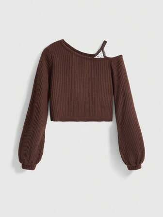 Kawaii T-shirt court en tricot gaufré à manches lanternes de couleur unie