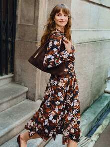 EMERY ROSE V领复古印花女装连衣裙，秋季新品 - 彩色 - 查看 5