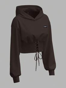 SHEIN EZwear 白色针织女士卫衣，长袖上衣，秋冬季棕色卫衣，棕色短款卫衣，短款卫衣，短款卫衣，深棕色上衣，短款卫衣，女士棕色短款上衣 - 棕色 - 查看 3
