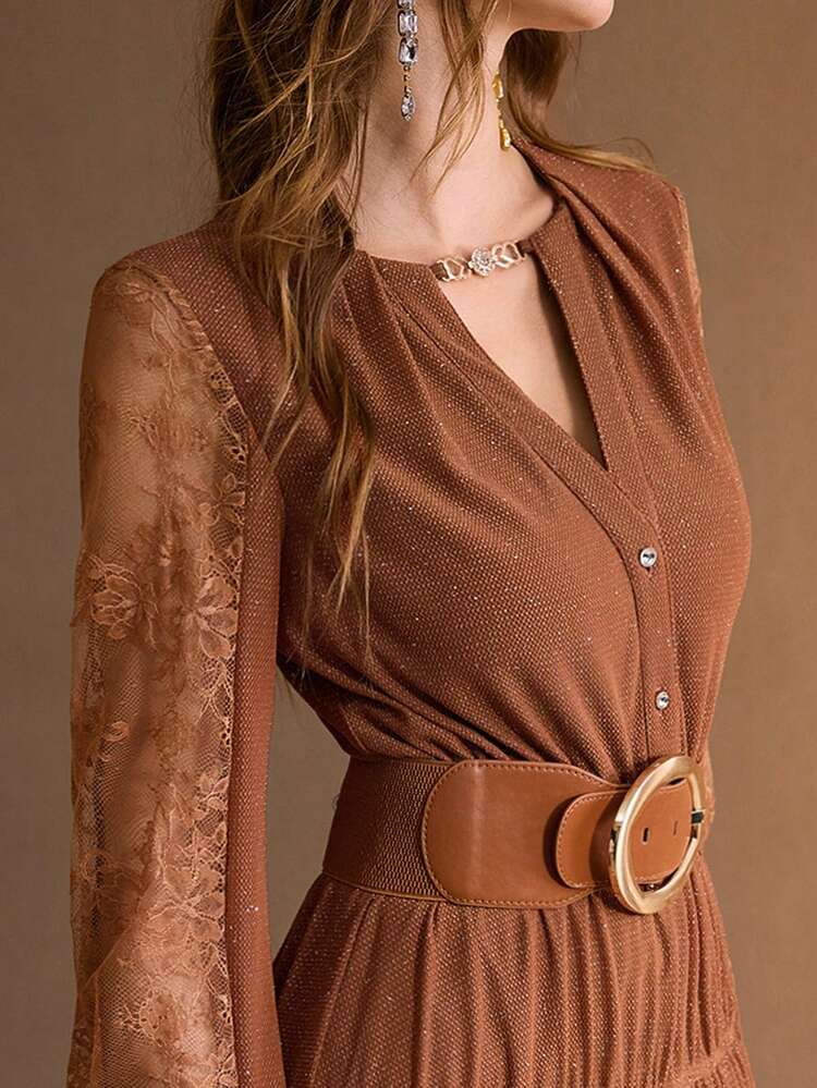 レース袖 ラッフルヘム ワンピース カットアウトネック レディース、ベルト無し、秋冬