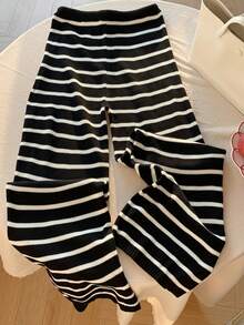 Comfortcana 女式休闲黑白条纹抽绳腰针织裤，秋季 - 黑色 - 查看 2