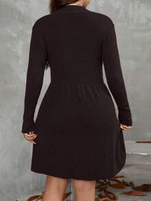 SHEIN LUNE Plus Size Solid Color Round Neck Fitted Casual Versatile Long Sleeve Sweater Dress - Coffee Brown - View 2