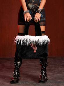 A Nightmare on Elm Street X ROMWE 1 Túi tote họa tiết chữ bông thời trang đường phố Punk màu đen, túi đeo vai dung tích lớn in họa tiết xương cánh tay Gothic, thích hợp để đi học, đi làm, v.v. - màu đen - Xem 3