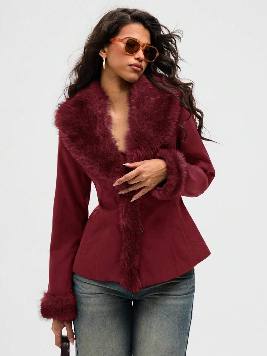 Aloruh Women's Elegant Elegant Simple Solid Color Patchwork Faux Fur Waist Regular Jacket, Autumn/Winter