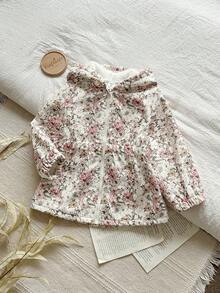 SHEIN Vintaside Kids 女童可爱印花保暖拉链外套，秋冬季 - 棕色 - 查看 3