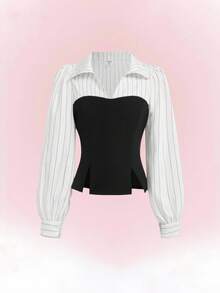 Tween Girls' Splice 2 In 1 Waist Knitted Striped Long Sleeve Shirt - Casual Retro Teenage Office Formal Blouse - Black and White - View 1