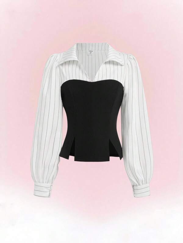 Tween Girls' Splice 2 In 1 Waist Knitted Striped Long Sleeve Shirt - Casual Retro Teenage Office Formal Blouse