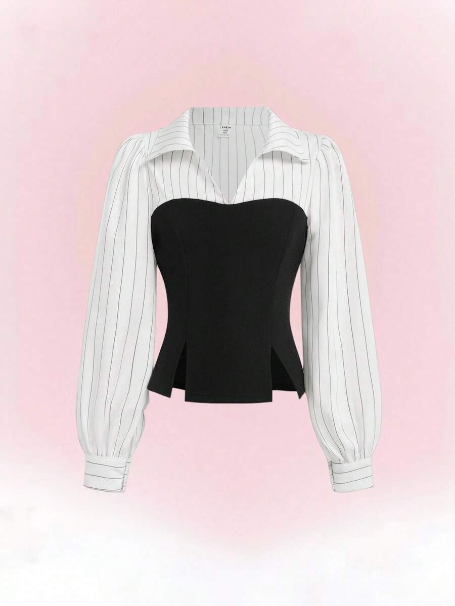 Tween Girls' Splice 2 In 1 Waist Knitted Striped Long Sleeve Shirt - Casual Retro Teenage Office Formal Blouse - Black and White - View 1