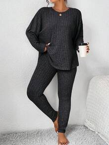 SHEIN Frenchy Plus Size Women's Solid Color Round Neck Drop Shoulder Long Sleeve Ribbed T-Shirt And Pants Casual 2 Pieces Set, Autumn/Winter - Grey - View 6