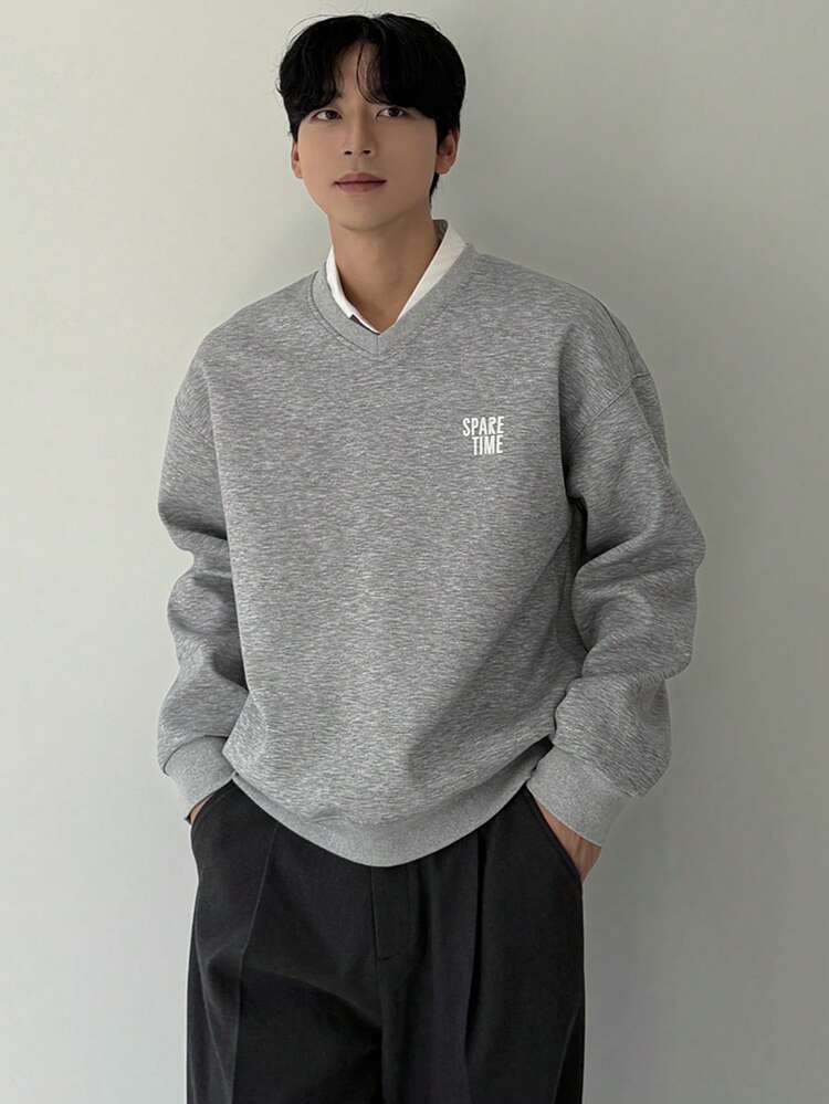 Men's V-Neck Letter Print Design Heather Gray Casual Pullover Sweatshirt, Commuter Style For Autumn